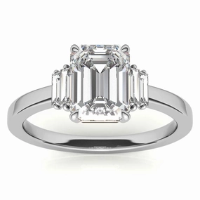Sterling Silver Emerald-Cut Center Stone With Baguette Adjustable  Engagement White Gold Ring For Woman