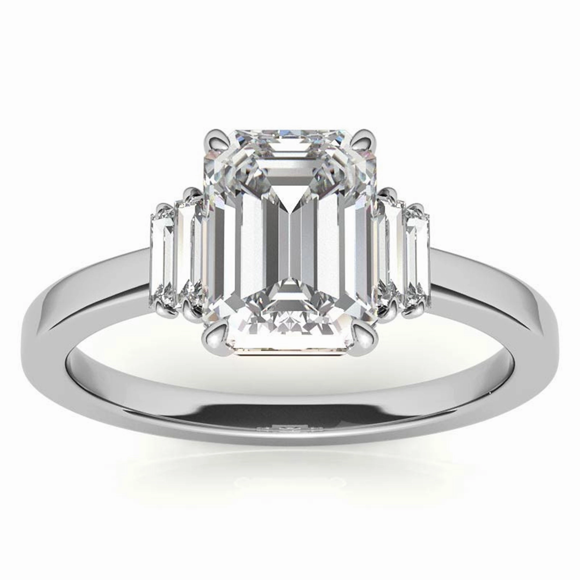 Sterling Silver Emerald-Cut Center Stone With Baguette Adjustable  Engagement White Gold Ring For Woman