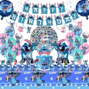 Stitch Party Supplies, 103PCS Birthday Decorations Set Include Banner, Balloons, Stickers, Hanging Swirls, Cake Cupcake Toppers, Tablecloth for Boys Girls Stitch Theme Party