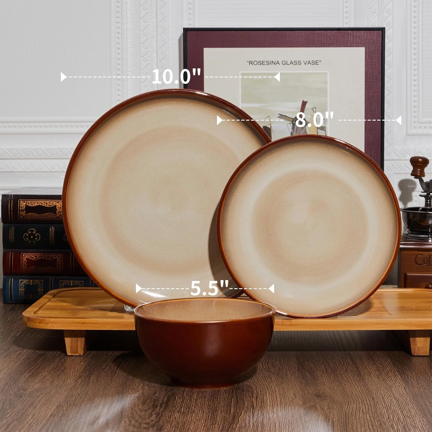 Stoneware Dinnerware Set Service for 4, 12 pcs Reactive Glaze Plates and Bowls Sets, Handmade Round Dishes Set, Highly Chip and Crack Resistant Modern Plate Set, Brown Yellow