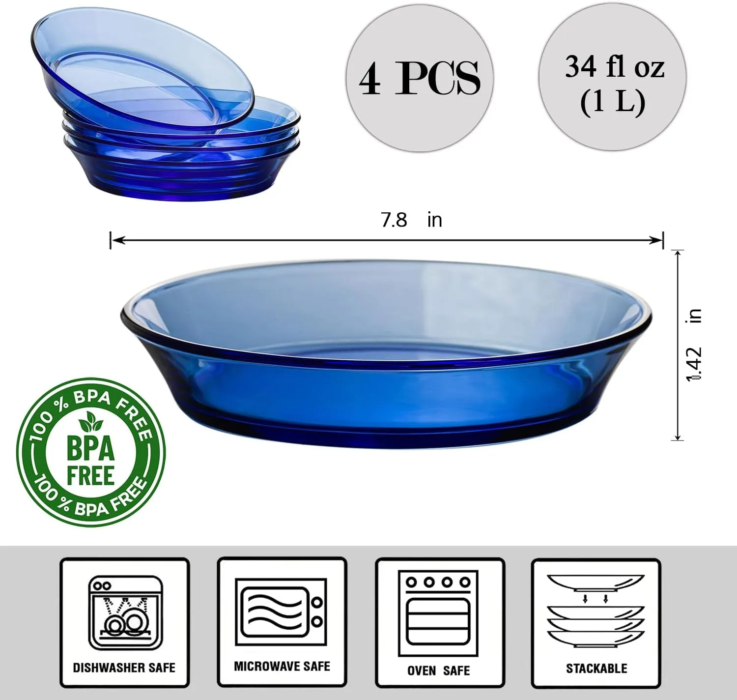 STPGoods Glass Dinner Plates - Set of 4, Blue Cobalt Transparent Glass Eating Plates, Circular Glass Dinnerware for Salad, Bread, Dinner (7.8-Inch Salad Plate Set, Set of 4)