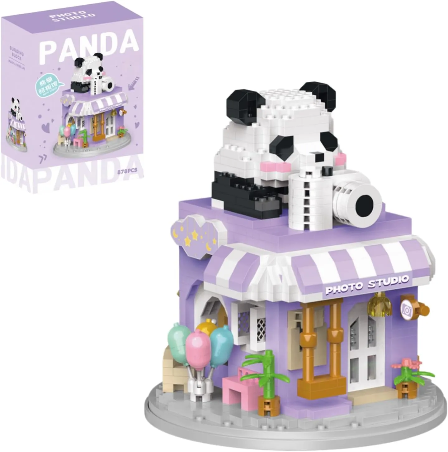 Street View Photo Studio Mini Building Blocks,878 Pieces Cute Panda Animal Micro Building Sets,Simulation Architecture Construction Toy,Creative Gifts for Adults Boys Girls 12 