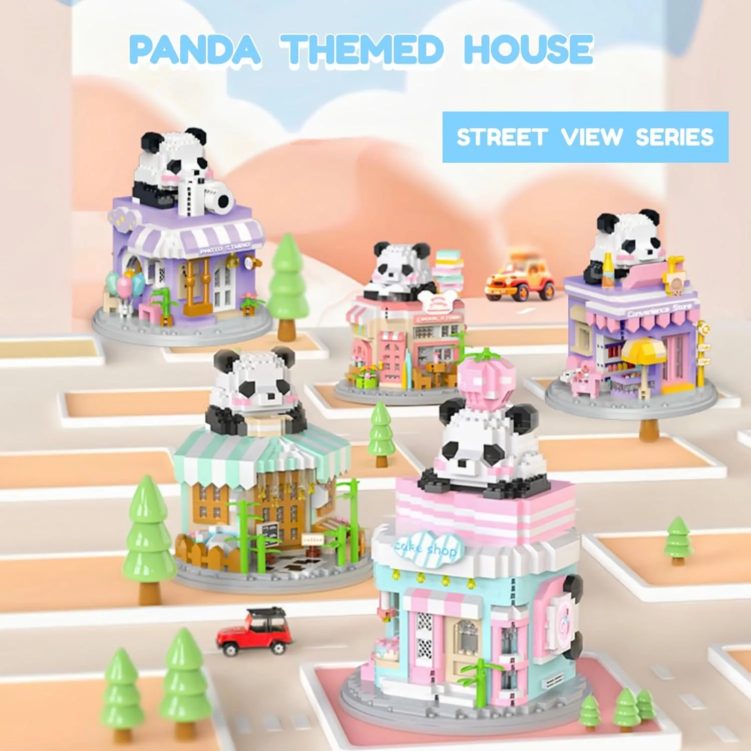 Street View Photo Studio Mini Building Blocks,878 Pieces Cute Panda Animal Micro Building Sets,Simulation Architecture Construction Toy,Creative Gifts for Adults Boys Girls 12 