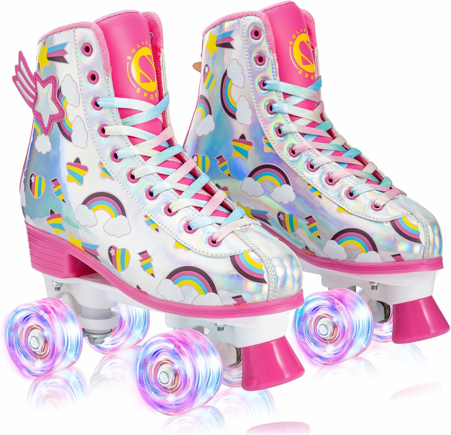 SULIFEEL Rainbow Unicorn Roller Skates for Girls Light up Wheels Kids Quad Skates with High Top Reflective TPU Leather Rainbow Unicorn