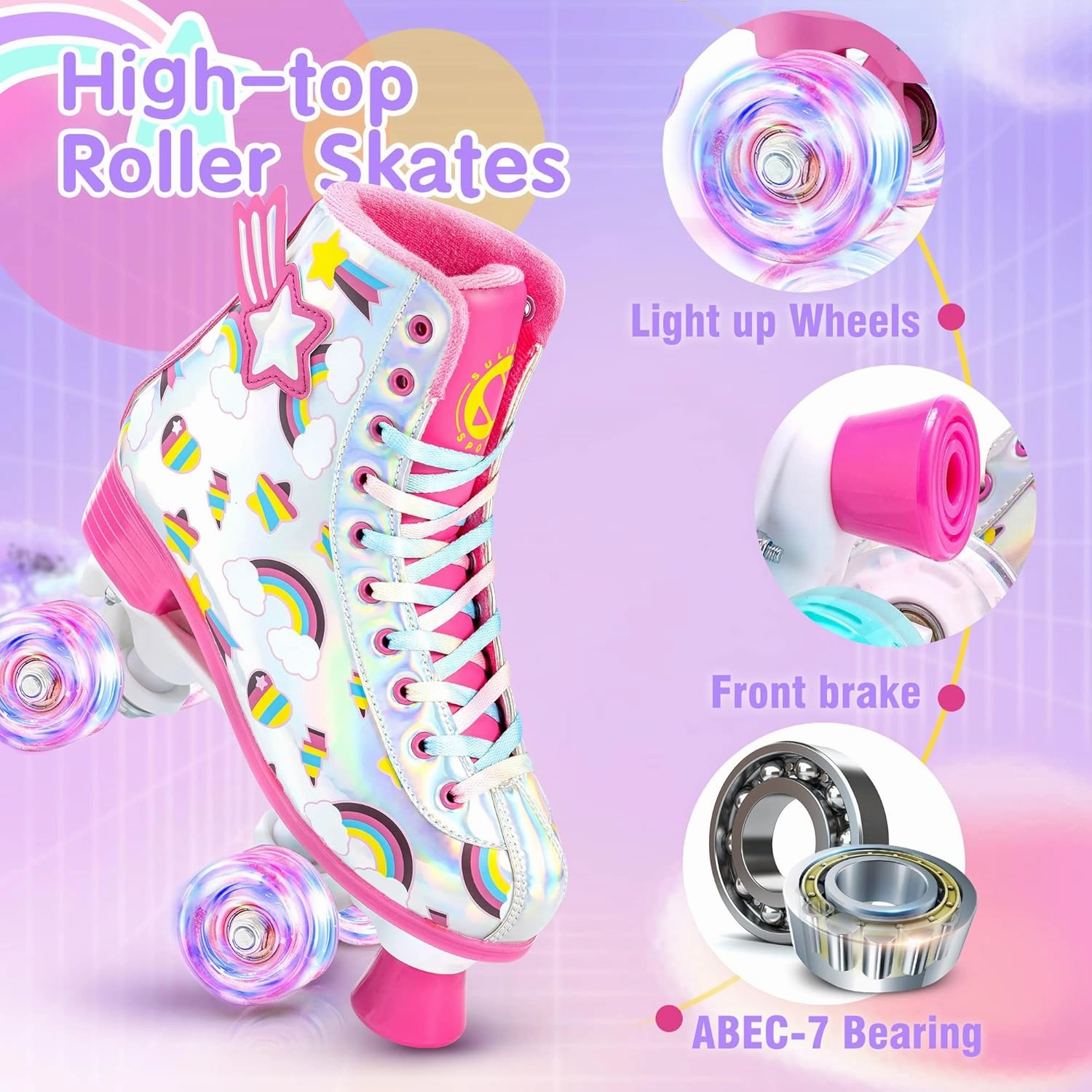 SULIFEEL Rainbow Unicorn Roller Skates for Girls Light up Wheels Kids Quad Skates with High Top Reflective TPU Leather Rainbow Unicorn