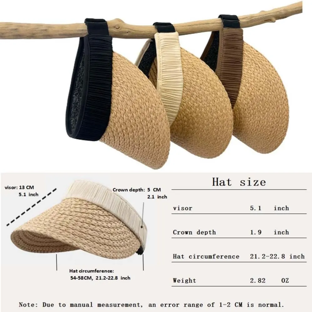 Sun Visor Hats for Women Wide Brim Straw Visors Womens Foldable Beach Visors Summer Packable Ponytail Beach Hat UPF50  Khaki
