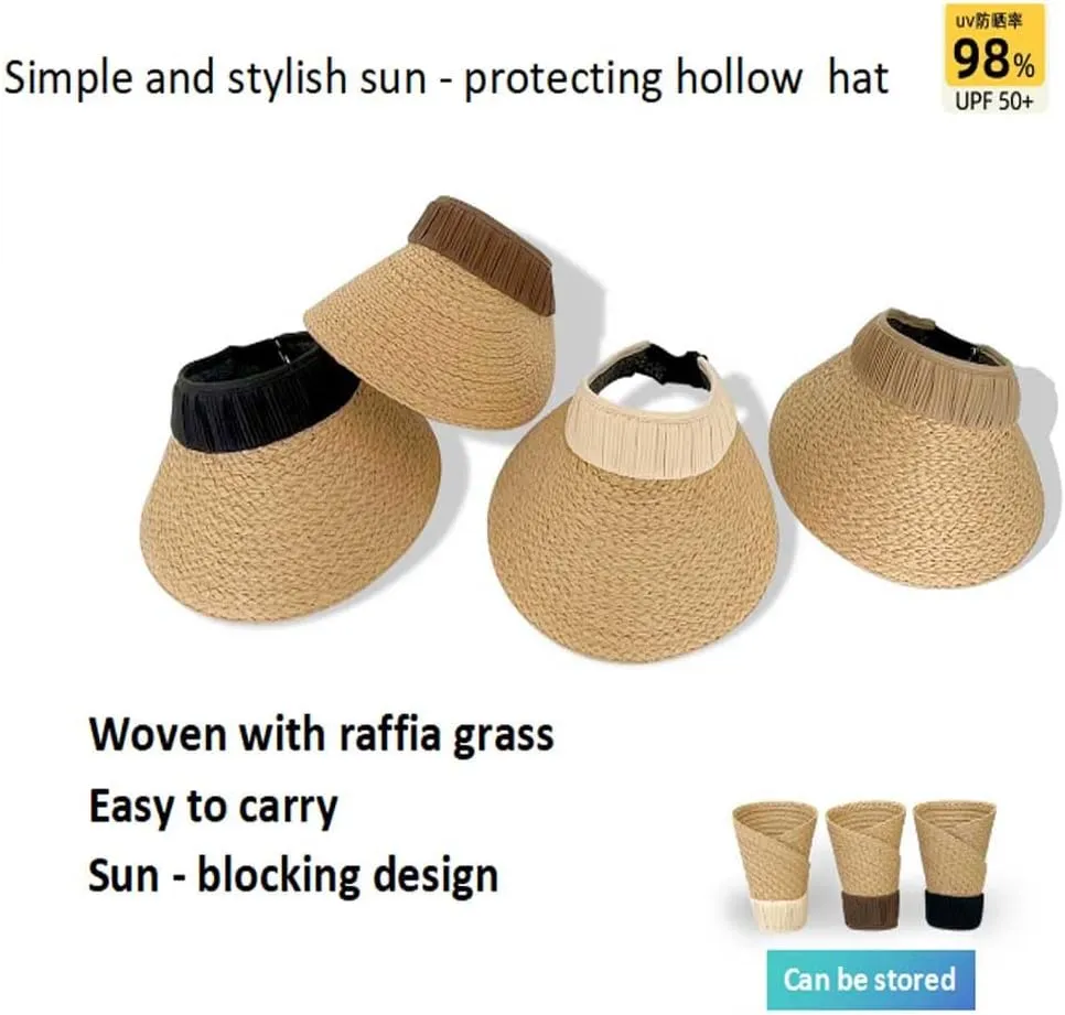 Sun Visor Hats for Women Wide Brim Straw Visors Womens Foldable Beach Visors Summer Packable Ponytail Beach Hat UPF50  Khaki