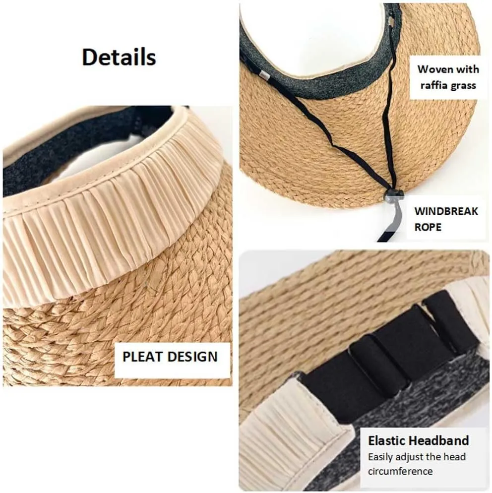 Sun Visor Hats for Women Wide Brim Straw Visors Womens Foldable Beach Visors Summer Packable Ponytail Beach Hat UPF50  Khaki