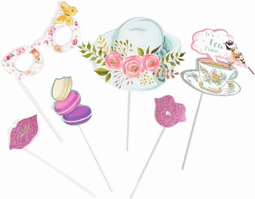 SUNBEAUTY 14 Pcs Tea Party Photo Booth Props Tea Party Decorations Alice in Wonderland Party Supplies Garden Party Bridal Shower for Girls Women