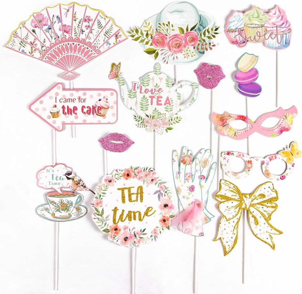 SUNBEAUTY 14 Pcs Tea Party Photo Booth Props Tea Party Decorations Alice in Wonderland Party Supplies Garden Party Bridal Shower for Girls Women