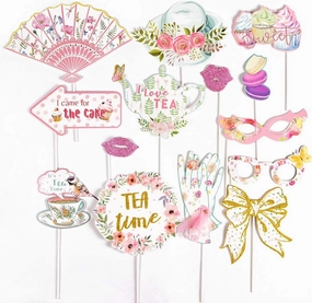 SUNBEAUTY 14 Pcs Tea Party Photo Booth Props Tea Party Decorations Alice in Wonderland Party Supplies Garden Party Bridal Shower for Girls Women