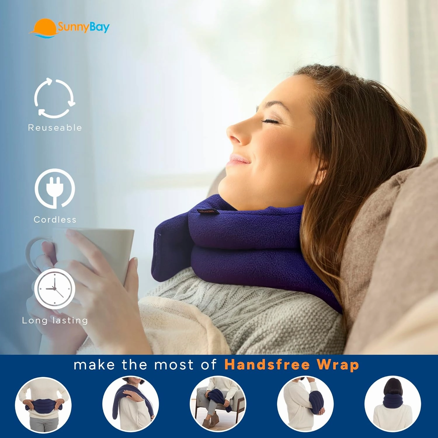 SunnyBay XL Microwave Heating Pad, Microwavable Heated Neck and Shoulder Wrap, Hands-Free Weighted Moist Hot or Cool Pack, Soft Fleece Cover and Flaxseed Filling, 30 Inch Extra-Long Length, Navy