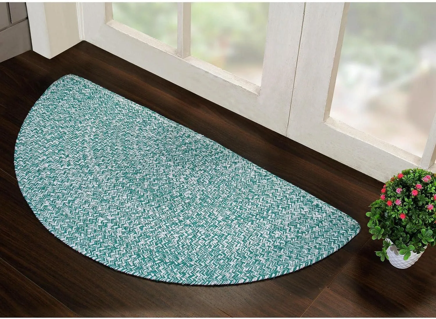 Super Area Rugs Farmhouse Braided Rug Cotton Kitchen Reversible Carpet Light Green & White, 20" X 40" Half Circle