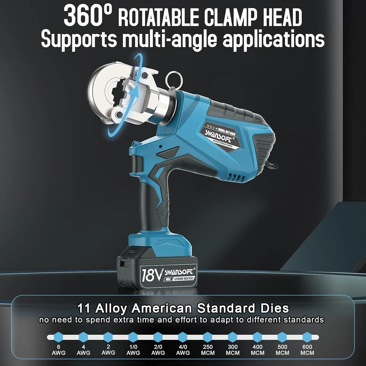 SWANSOFT Electric Hydraulic Crimping Tool, 6Ton 6AWG-600MCM Rechargeable Hydraulic Crimper for Cu/Al Terminal, Crimp 20000 Times Wire Cable Lug Crimping Tool Kit with 11 Dies (HCT-300A)