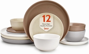 Sweese Dinnerware Sets,12 Pieces Porcelain Round Plates and Bowls Sets, Dishes Set for 4, Chip Scratch Dishwasher Microwave and Oven Safe Dishware Sets, Multi-color