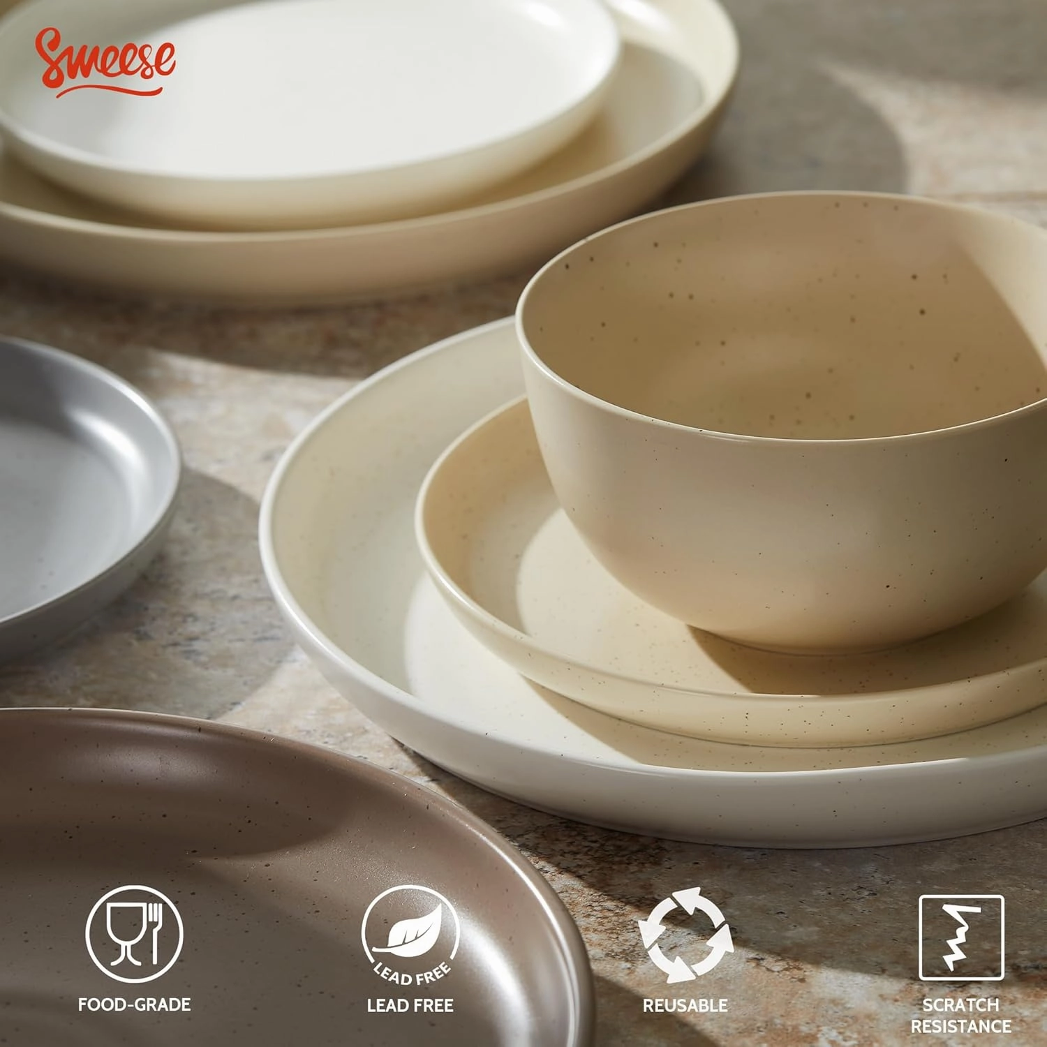 Sweese Dinnerware Sets,12 Pieces Porcelain Round Plates and Bowls Sets, Dishes Set for 4, Chip Scratch Dishwasher Microwave and Oven Safe Dishware Sets, Multi-color