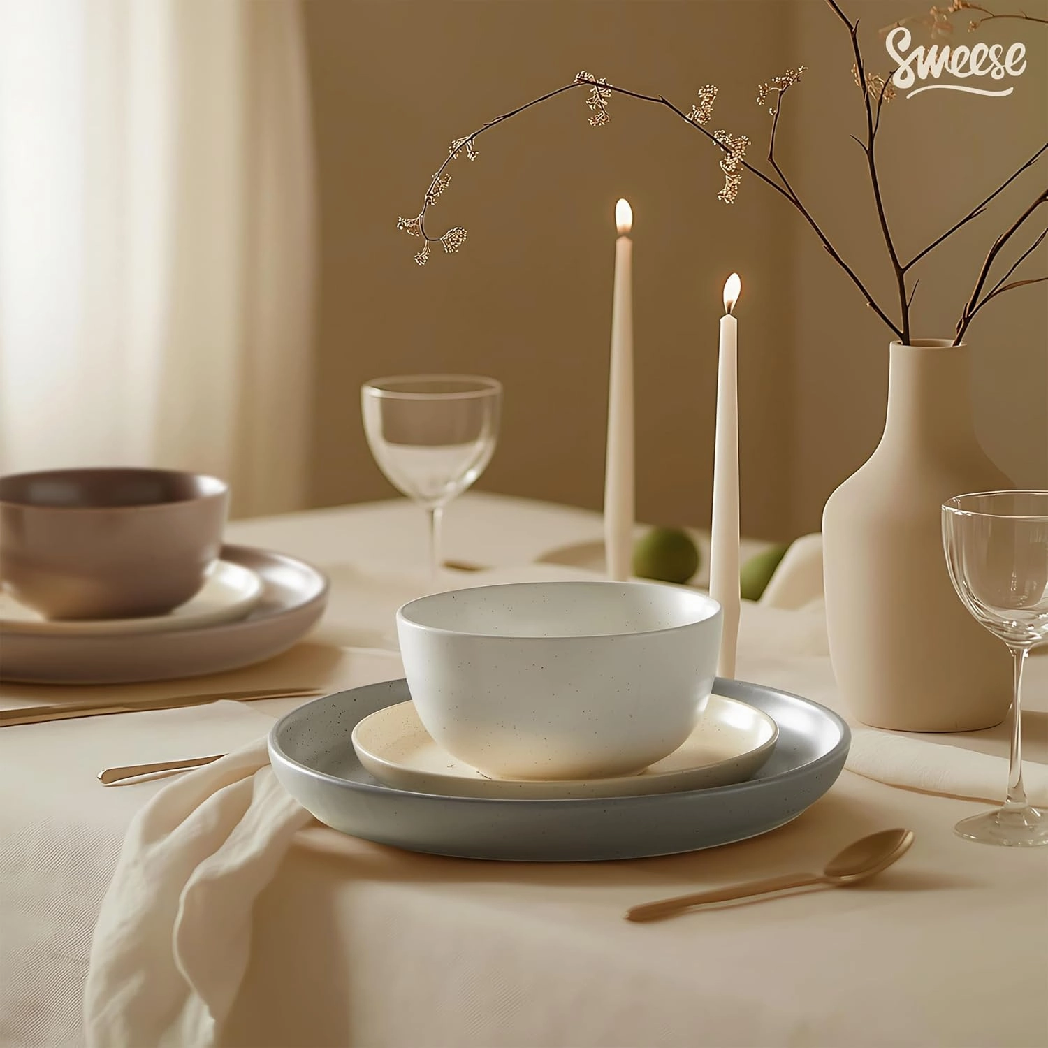 Sweese Dinnerware Sets,12 Pieces Porcelain Round Plates and Bowls Sets, Dishes Set for 4, Chip Scratch Dishwasher Microwave and Oven Safe Dishware Sets, Multi-color