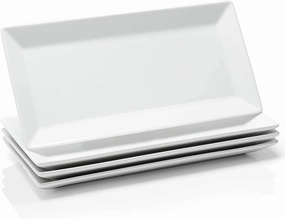 Sweese Porcelain Serving Tray, 12 Inch Rectangle Plates for Sushi, Meat, Desserts, Cakes, White Serving Platter for Restaurant, Banquet, Party, Microwave Oven Dishwasher Safe, Stackable, Set of 4