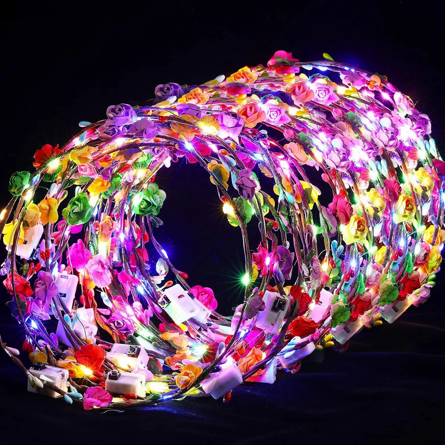 Syhood 50 Pcs LED Flower Crowns Headbands, Light up Flower Crowns for Women, Glow in The Dark Headband for Wedding Reception Birthday Christmas Mardi Gras Cosplay Princess Party Favors(Rose)