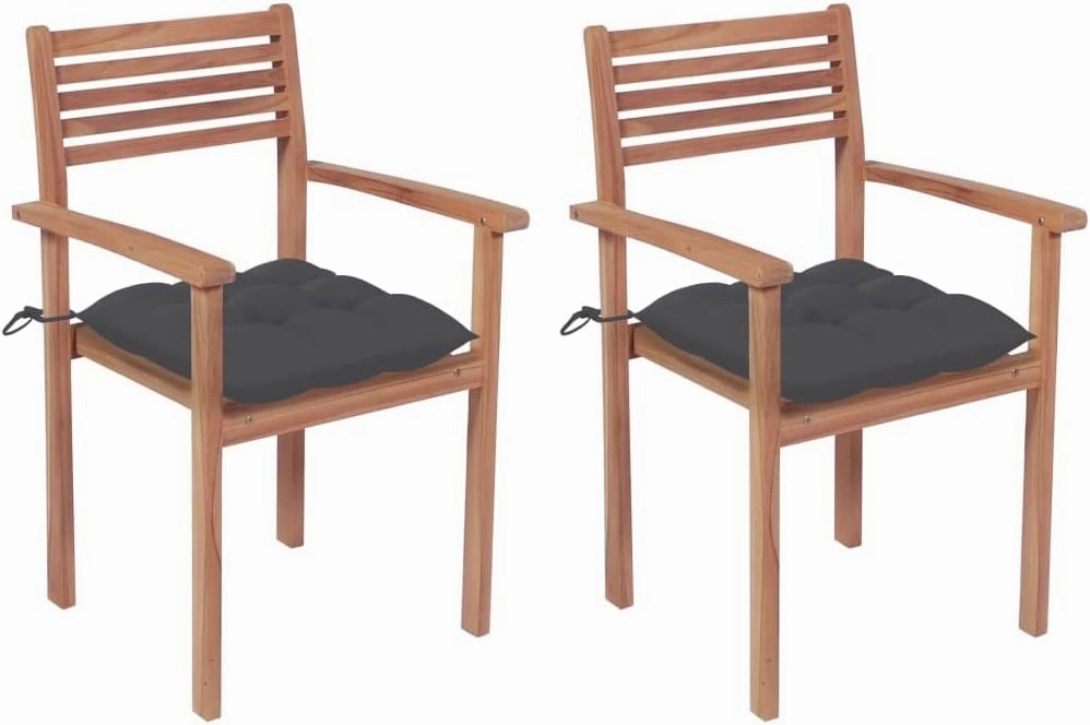 Teak Wood Patio Chairs 2-Piece Set with Anthracite Cushions, Stackable Outdoor Furniture for Poolside Backyard Garden Beach Camping Lounging
