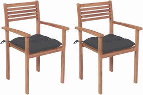 Teak Wood Patio Chairs 2-Piece Set with Anthracite Cushions, Stackable Outdoor Furniture for Poolside Backyard Garden Beach Camping Lounging