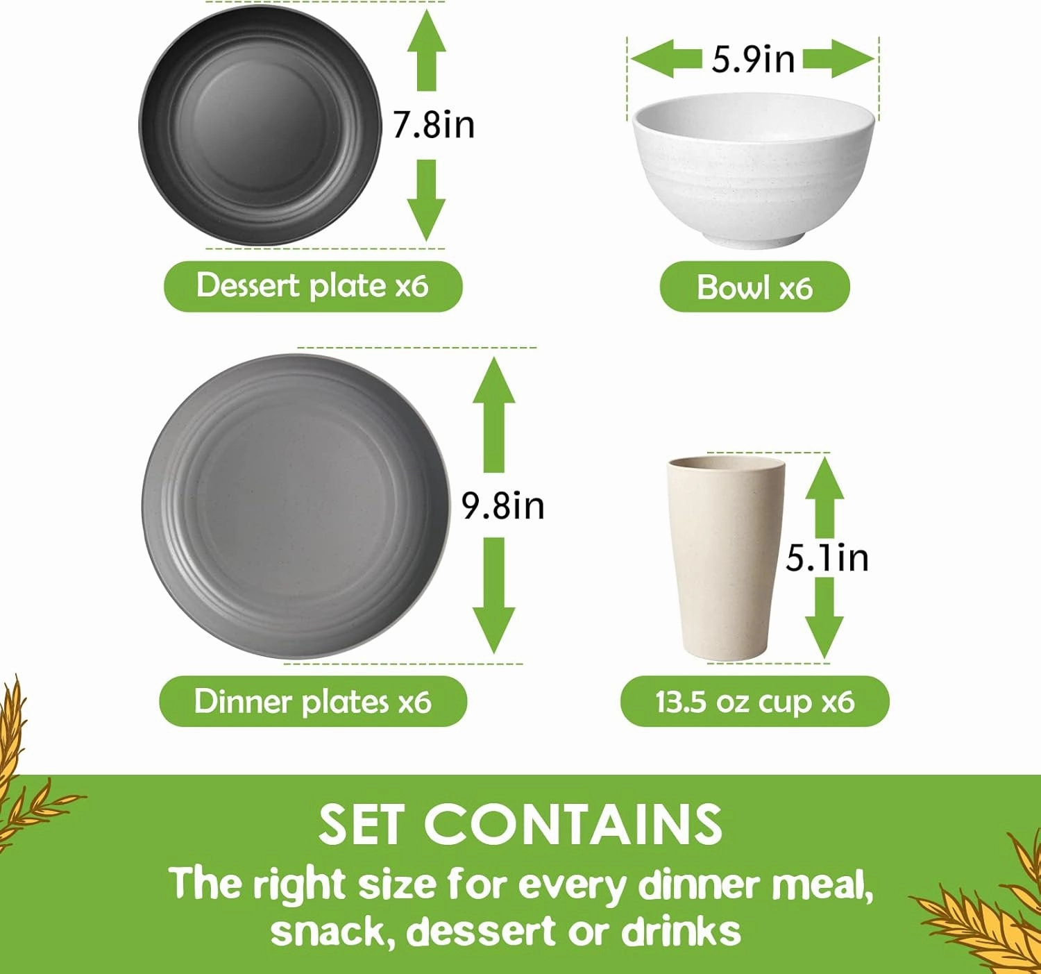 Teivio 24-Piece Kitchen Plastic Wheat Straw Dinnerware Set, Service for 6, Dinner Plates, Dessert Plate, Cereal Bowls, Cups, Unbreakable Plastic Outdoor Camping Dishes, Stone
