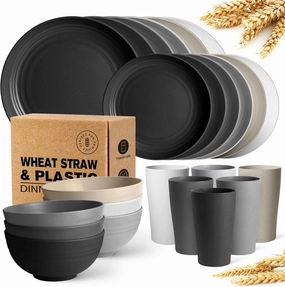 Teivio 24-Piece Kitchen Plastic Wheat Straw Dinnerware Set, Service for 6, Dinner Plates, Dessert Plate, Cereal Bowls, Cups, Unbreakable Plastic Outdoor Camping Dishes, Stone