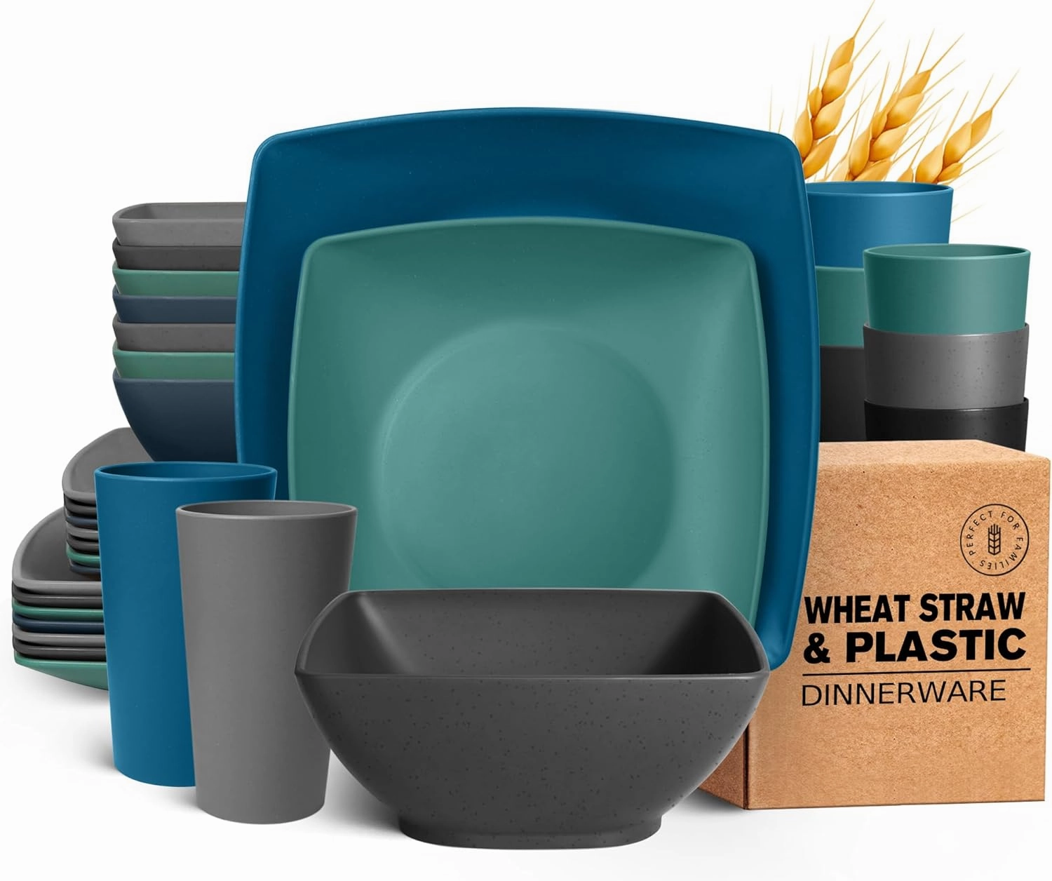 Teivio 32-piece Plastic Wheat Straw Square Dinnerware Set for 8, Unbreakable Dinner Plates, Salad Plates, Snack Bowls, Tumblers 20 oz, Dishwasher Safe, Coastal Multicolor