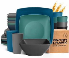 Teivio 32-piece Plastic Wheat Straw Square Dinnerware Set for 8, Unbreakable Dinner Plates, Salad Plates, Snack Bowls, Tumblers 20 oz, Dishwasher Safe, Coastal Multicolor