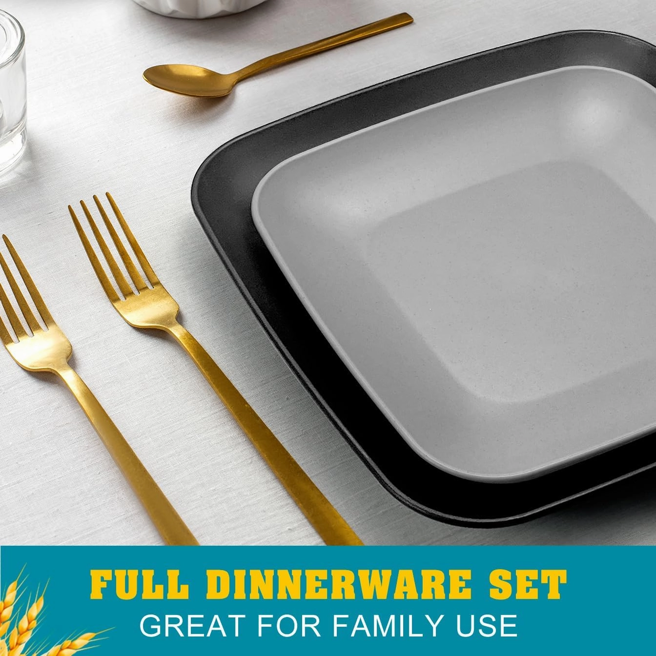 Teivio 32-piece Plastic Wheat Straw Square Dinnerware Set for 8, Unbreakable Dinner Plates, Salad Plates, Snack Bowls, Tumblers 20 oz, Dishwasher Safe, Gray Ombre