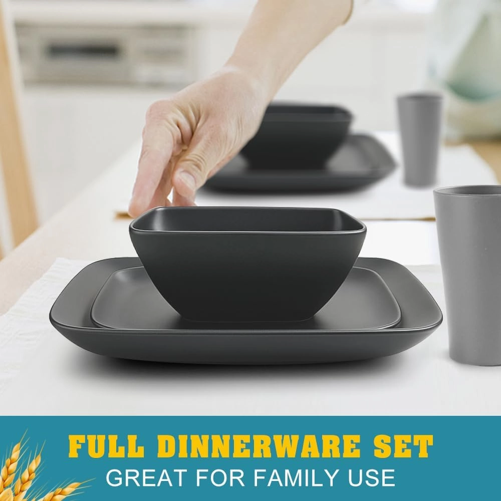 Teivio 32-piece Plastic Wheat Straw Square Dinnerware Set for 8, Unbreakable Dinner Plates, Salad Plates, Snack Bowls, Tumblers 20 oz, Dishwasher Safe, Gray Ombre