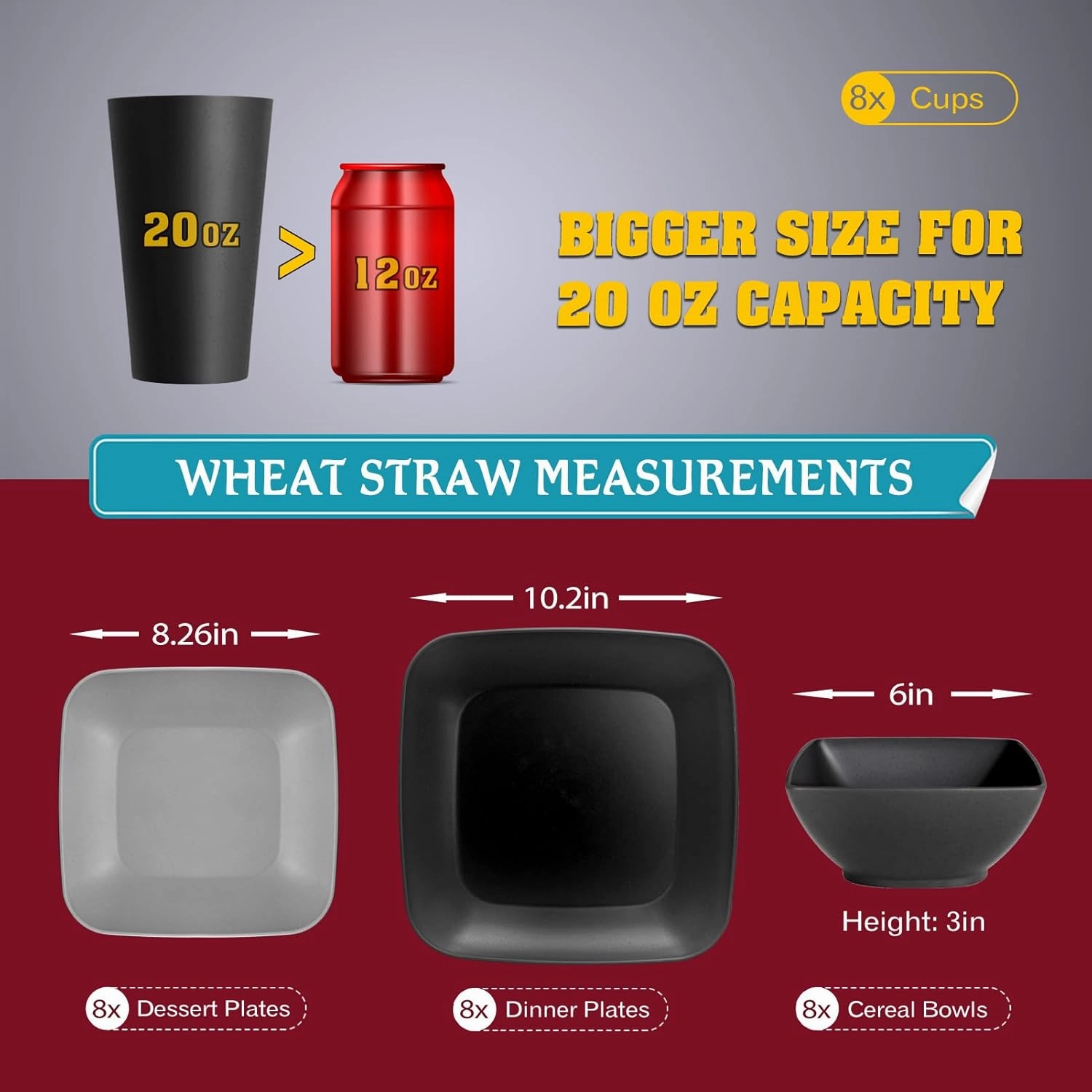 Teivio 32-piece Plastic Wheat Straw Square Dinnerware Set for 8, Unbreakable Dinner Plates, Salad Plates, Snack Bowls, Tumblers 20 oz, Dishwasher Safe, Gray Ombre