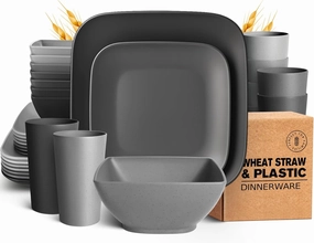 Teivio 32-piece Plastic Wheat Straw Square Dinnerware Set for 8, Unbreakable Dinner Plates, Salad Plates, Snack Bowls, Tumblers 20 oz, Dishwasher Safe, Gray Ombre