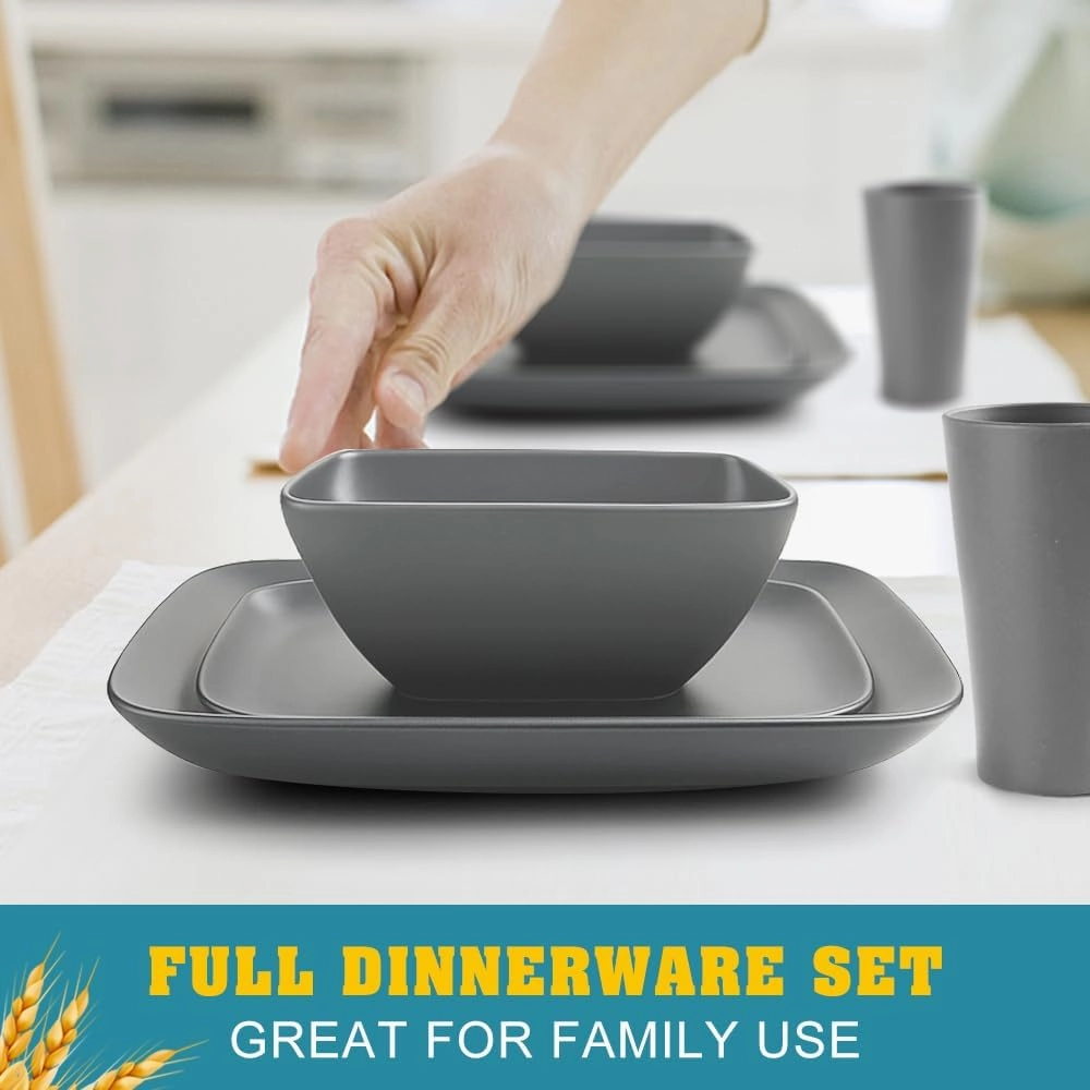 Teivio 32-piece Plastic Wheat Straw Square Dinnerware Set for 8, Unbreakable Dinner Plates, Salad Plates, Snack Bowls, Tumblers 20 oz, Dishwasher Safe, Grey