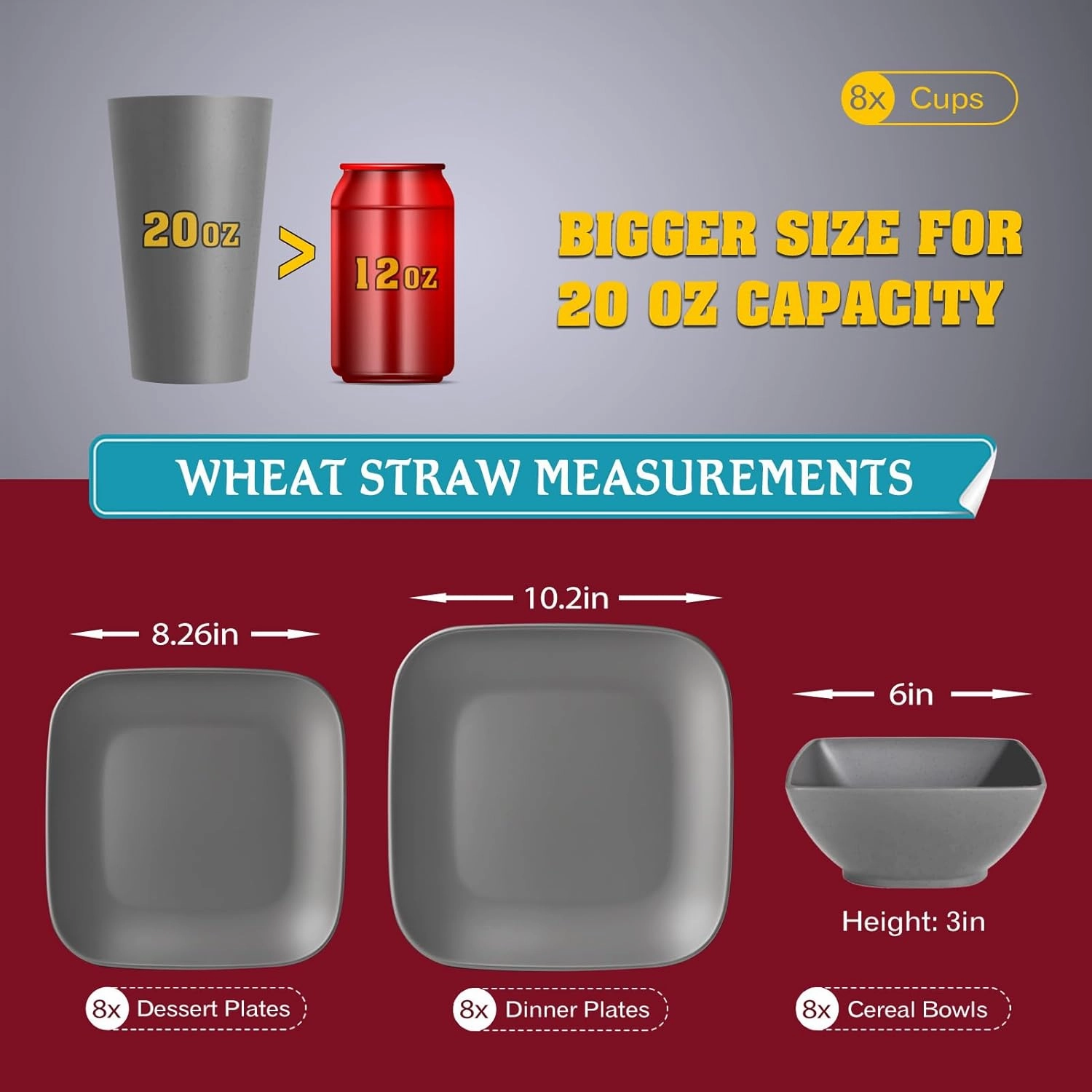 Teivio 32-piece Plastic Wheat Straw Square Dinnerware Set for 8, Unbreakable Dinner Plates, Salad Plates, Snack Bowls, Tumblers 20 oz, Dishwasher Safe, Grey