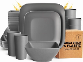 Teivio 32-piece Plastic Wheat Straw Square Dinnerware Set for 8, Unbreakable Dinner Plates, Salad Plates, Snack Bowls, Tumblers 20 oz, Dishwasher Safe, Grey