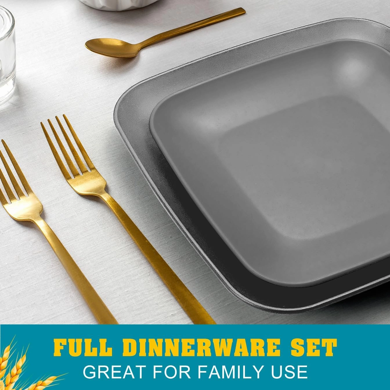 Teivio 32-piece Plastic Wheat Straw Square Dinnerware Set for 8, Unbreakable Dinner Plates, Salad Plates, Snack Bowls, Tumblers 20 oz, Dishwasher Safe, Grey