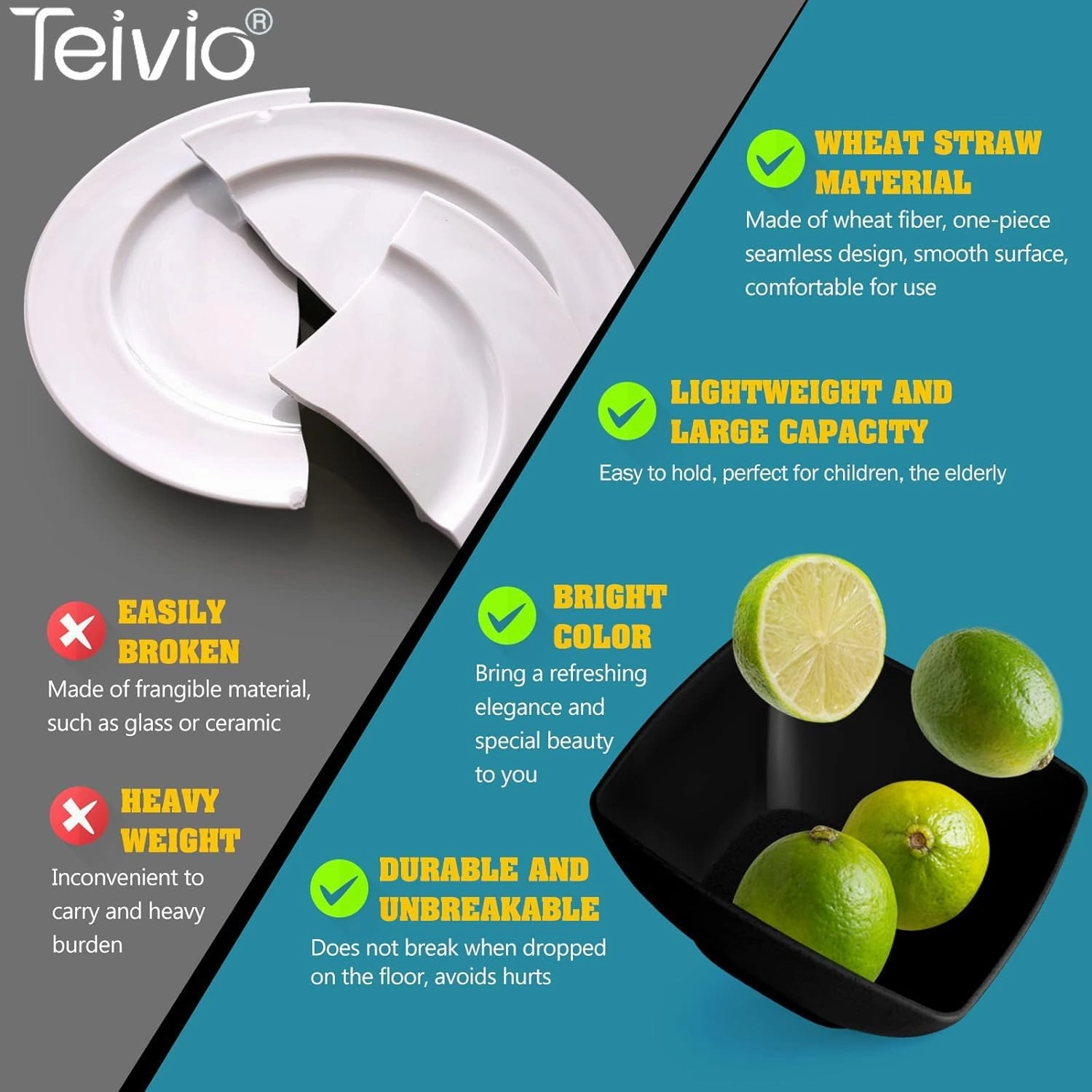 Teivio 32-piece Plastic Wheat Straw Square Dinnerware Set for 8, Unbreakable Dinner Plates, Salad Plates, Snack Bowls, Tumblers, Dishwasher Safe, Black