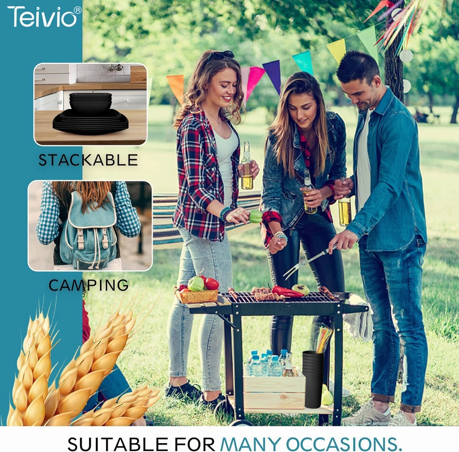 Teivio 32-piece Plastic Wheat Straw Square Dinnerware Set for 8, Unbreakable Dinner Plates, Salad Plates, Snack Bowls, Tumblers, Dishwasher Safe, Black