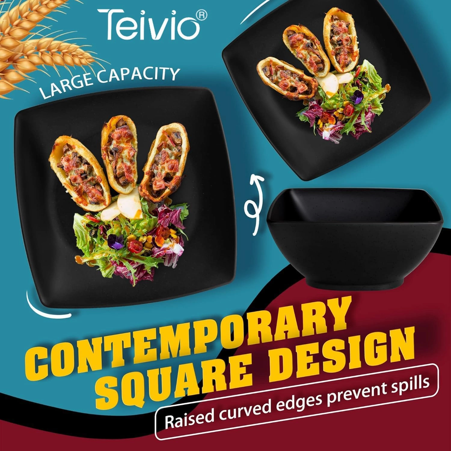 Teivio 32-piece Plastic Wheat Straw Square Dinnerware Set for 8, Unbreakable Dinner Plates, Salad Plates, Snack Bowls, Tumblers, Dishwasher Safe, Black