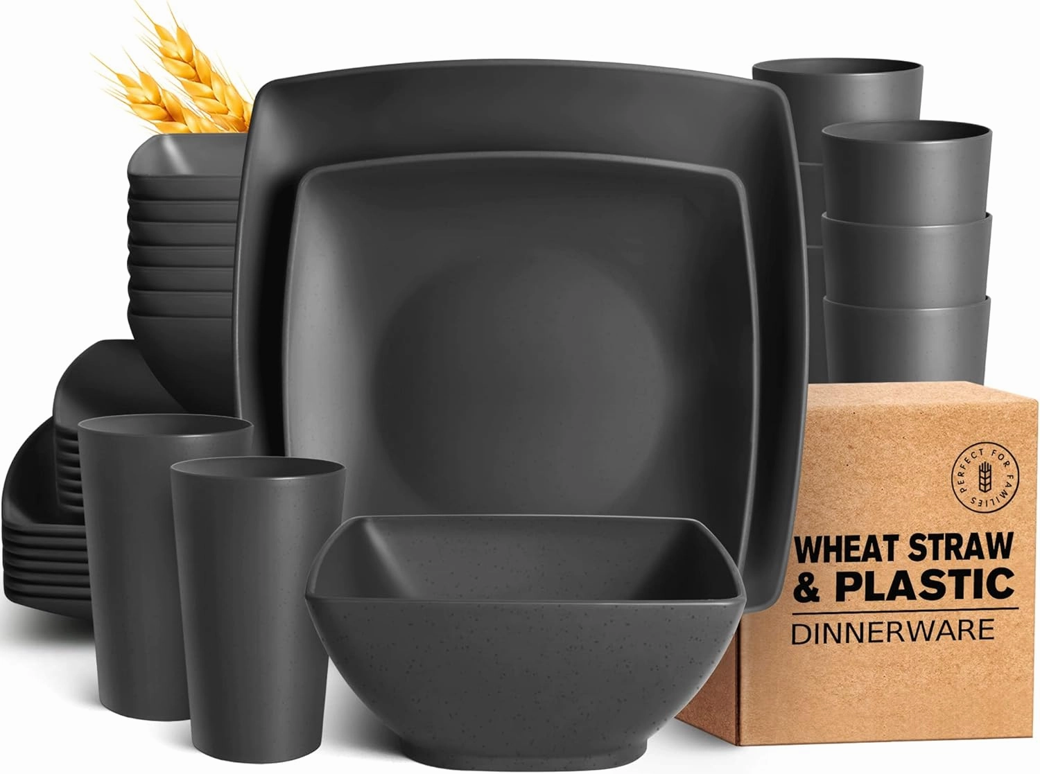 Teivio 32-piece Plastic Wheat Straw Square Dinnerware Set for 8, Unbreakable Dinner Plates, Salad Plates, Snack Bowls, Tumblers, Dishwasher Safe, Black