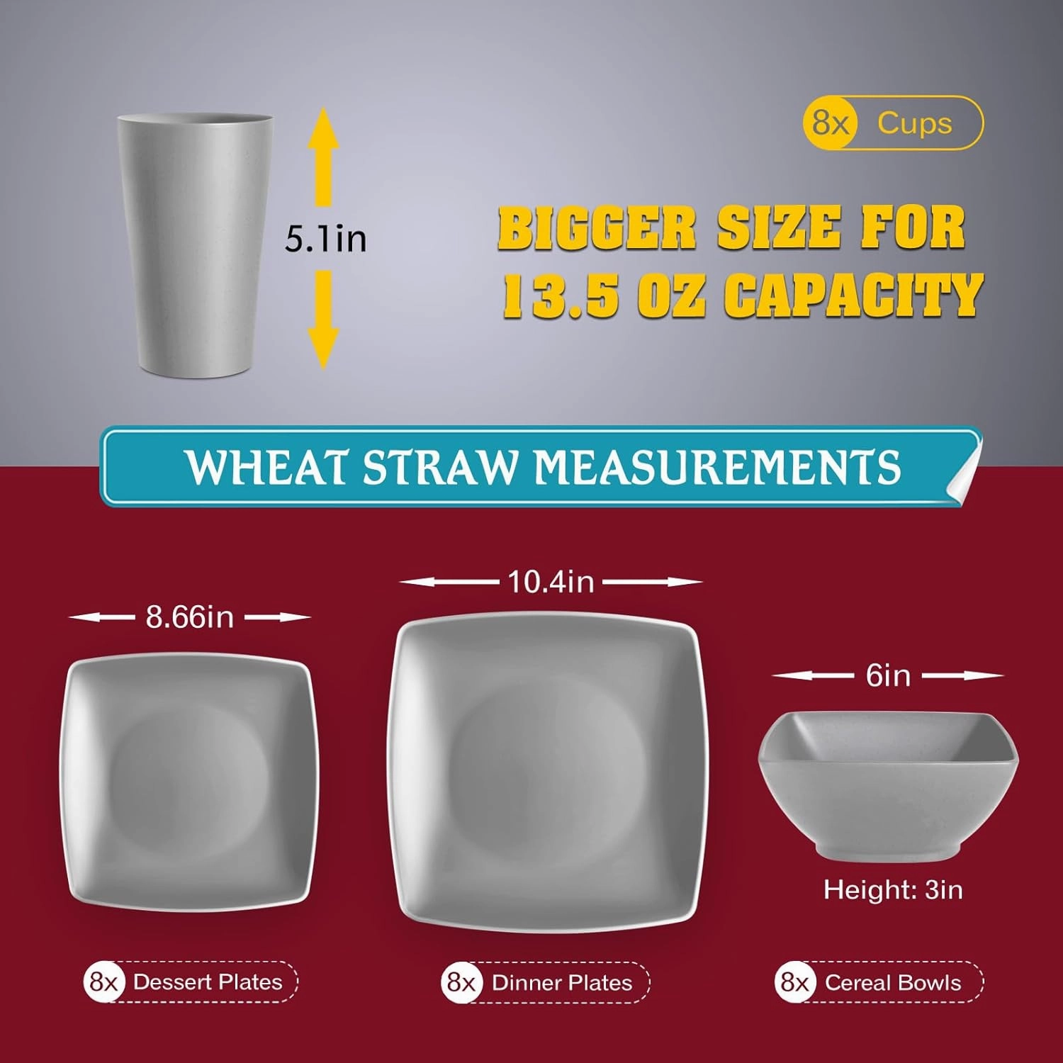 Teivio 32-piece Plastic Wheat Straw Square Dinnerware Set for 8, Unbreakable Dinner Plates, Salad Plates, Snack Bowls, Tumblers, Dishwasher Safe, Light Gray