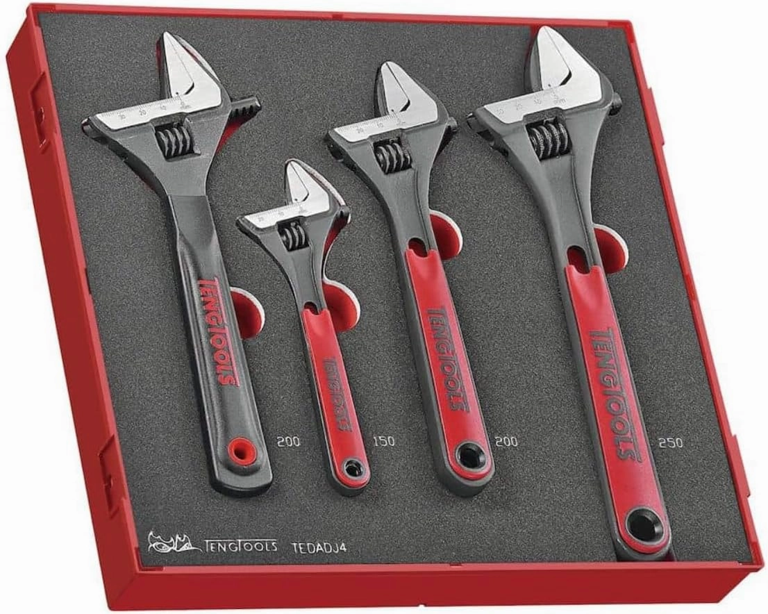 Teng Tools 4 Piece Adjustable Wrench Foam Set (6 Inch, 8 inch, 10 inch, 8 inch wide jaw) - TEDADJ4, Silver