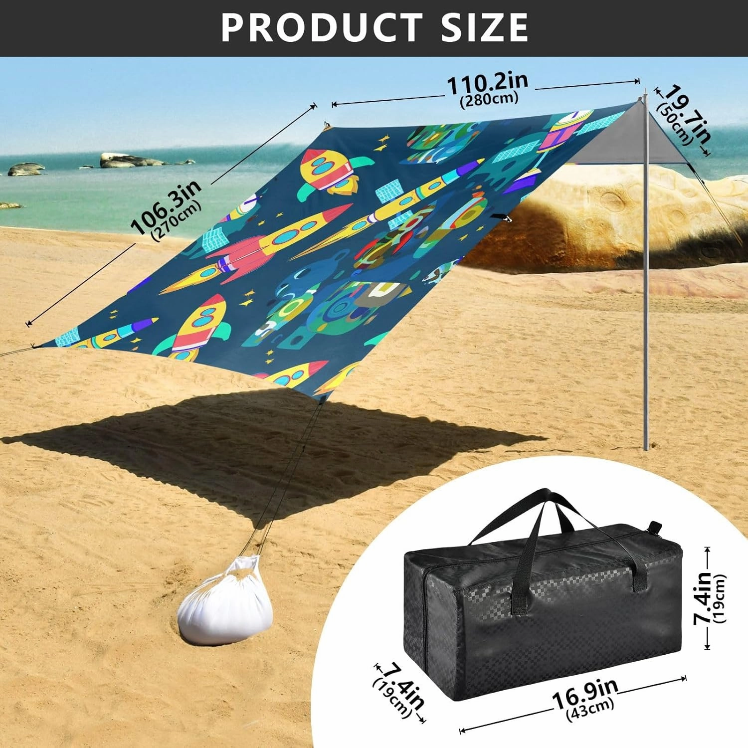Tent Beach Canopy Patio Sun Shade Outdoor Picnic Camping Shelter Backyard with Poles Sand Anchor Waterproof 9.2 × 10.5 FT Cartoon Colorful Rocket Blue Space