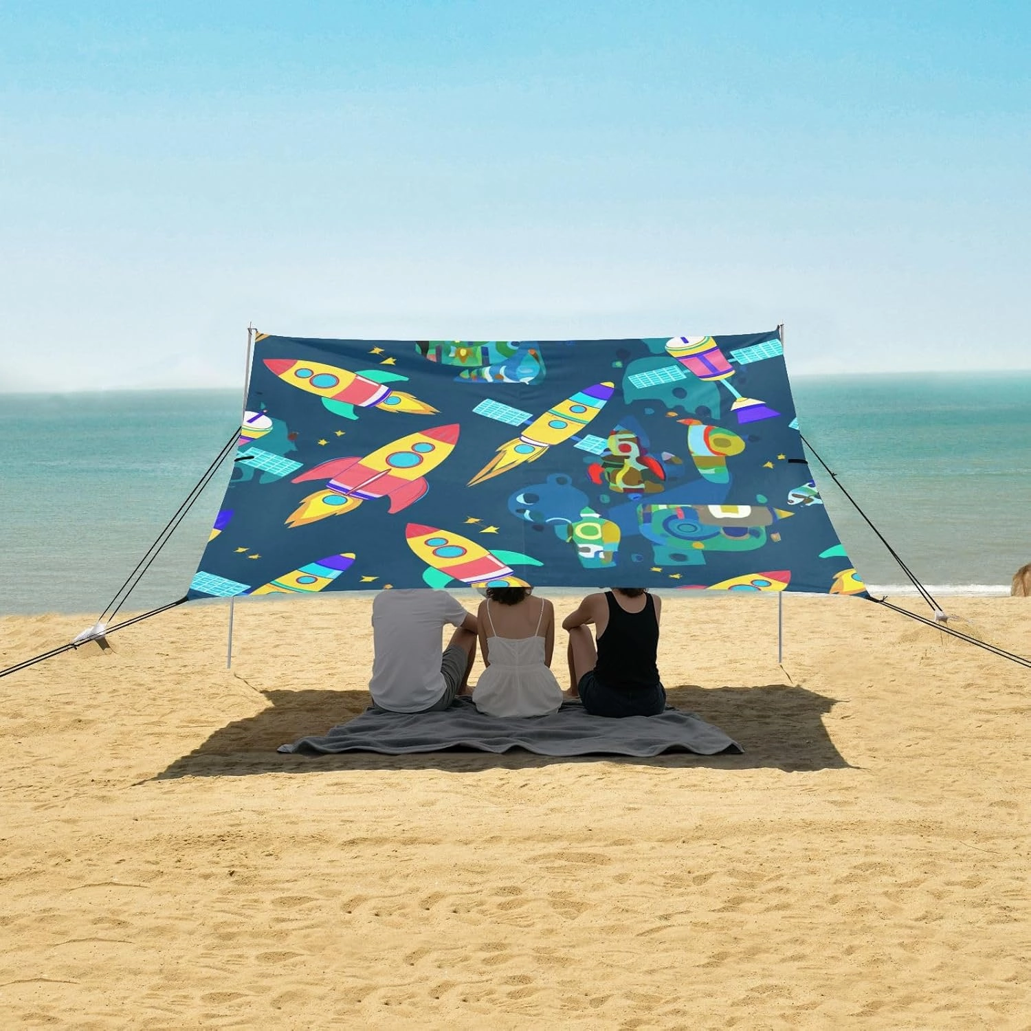 Tent Beach Canopy Patio Sun Shade Outdoor Picnic Camping Shelter Backyard with Poles Sand Anchor Waterproof 9.2 × 10.5 FT Cartoon Colorful Rocket Blue Space