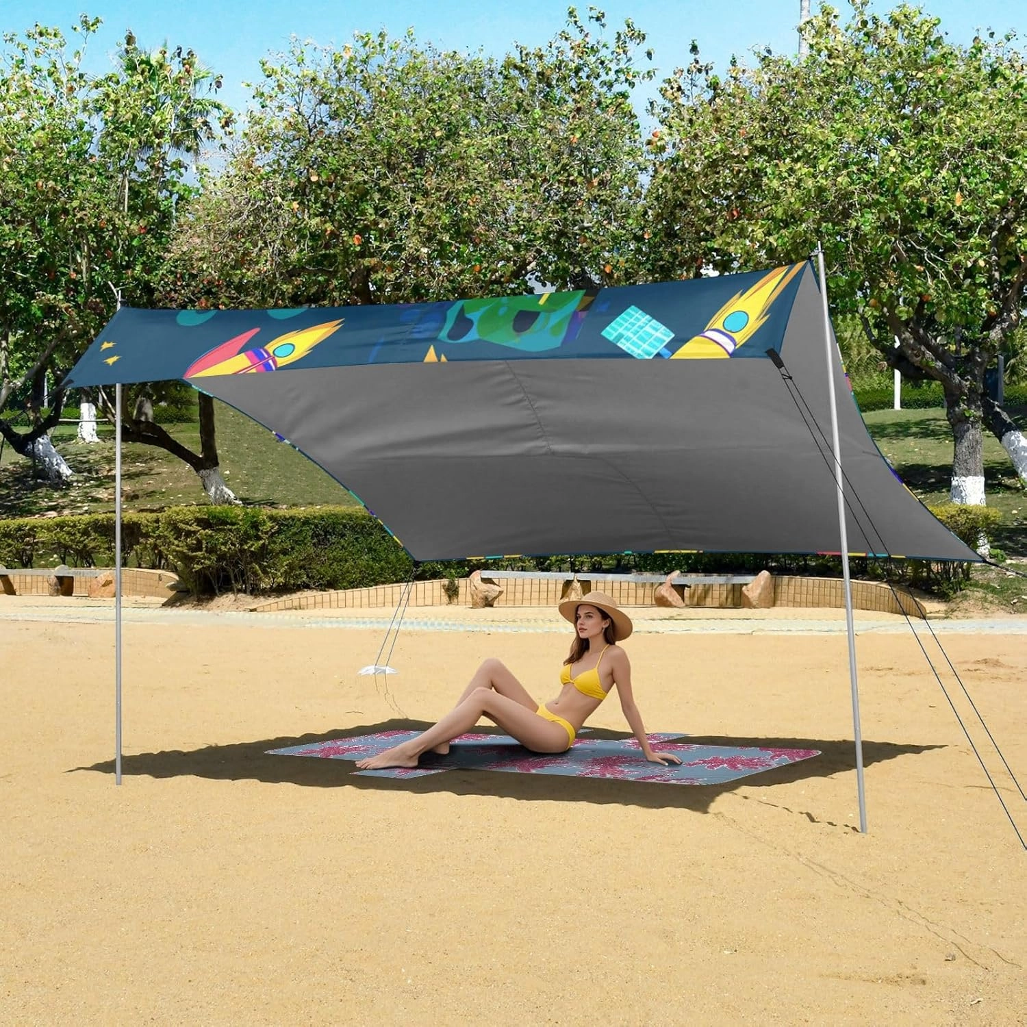 Tent Beach Canopy Patio Sun Shade Outdoor Picnic Camping Shelter Backyard with Poles Sand Anchor Waterproof 9.2 × 10.5 FT Cartoon Colorful Rocket Blue Space