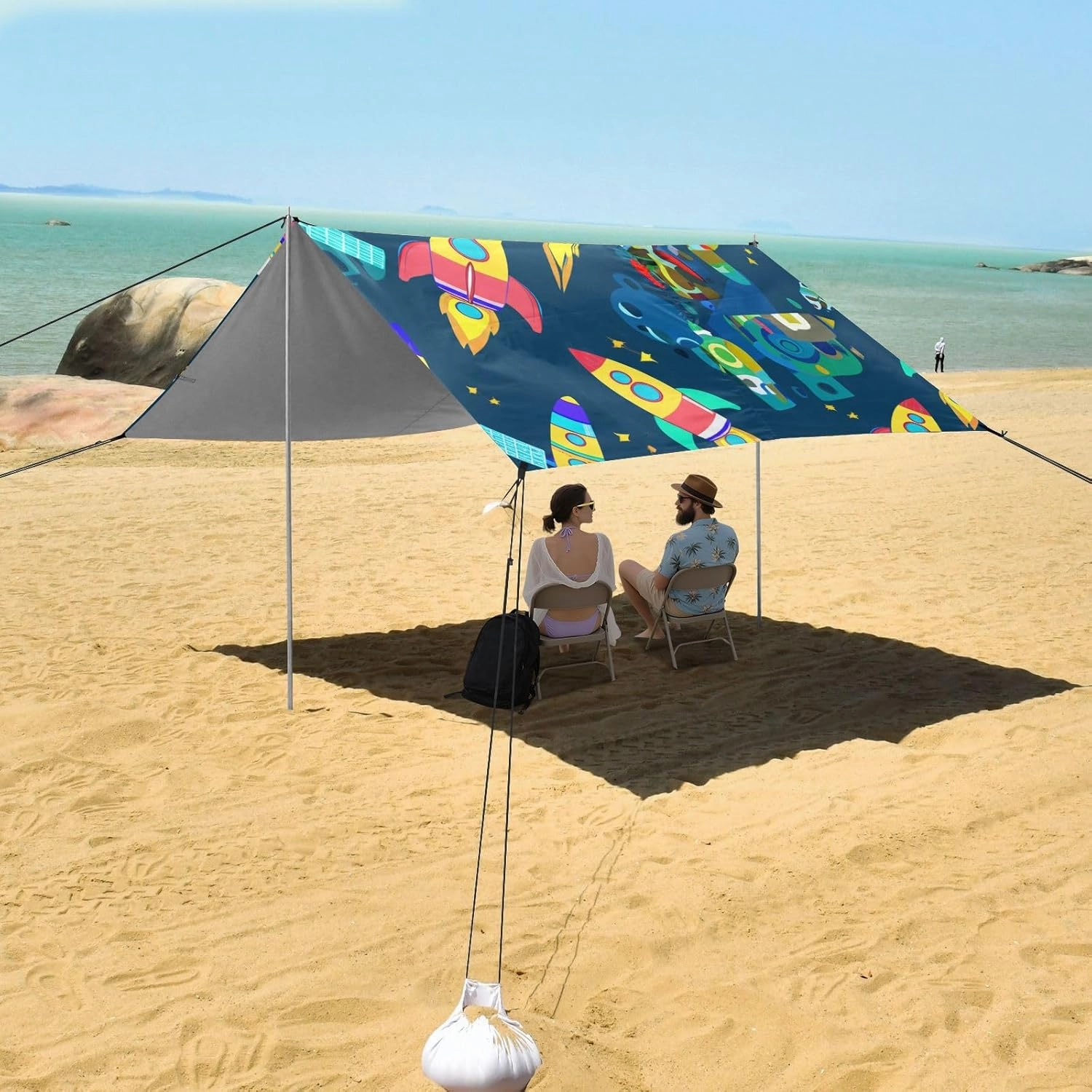 Tent Beach Canopy Patio Sun Shade Outdoor Picnic Camping Shelter Backyard with Poles Sand Anchor Waterproof 9.2 × 10.5 FT Cartoon Colorful Rocket Blue Space