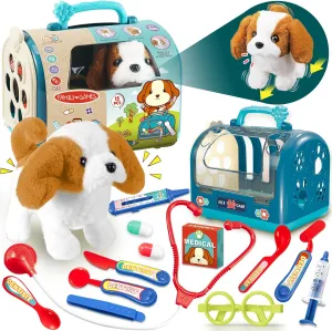 TEUVO 15Pcs Dog Toys for Kids Girls, Walking Barking Electronic Interactive Stuffed Dog Plush with Carrier Pet Care Playset Puppy Vet Toys Kit, Pretend Play Gifts for Little Girls 3 4 5 6 7 Years Old