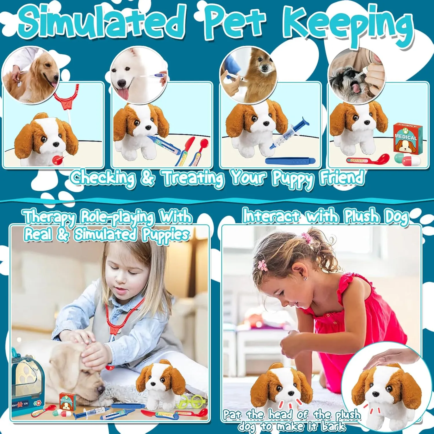 TEUVO 15Pcs Dog Toys for Kids Girls, Walking Barking Electronic Interactive Stuffed Dog Plush with Carrier Pet Care Playset Puppy Vet Toys Kit, Pretend Play Gifts for Little Girls 3 4 5 6 7 Years Old