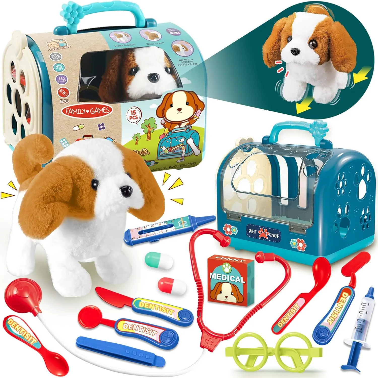 TEUVO 15Pcs Dog Toys for Kids Girls, Walking Barking Electronic Interactive Stuffed Dog Plush with Carrier Pet Care Playset Puppy Vet Toys Kit, Pretend Play Gifts for Little Girls 3 4 5 6 7 Years Old